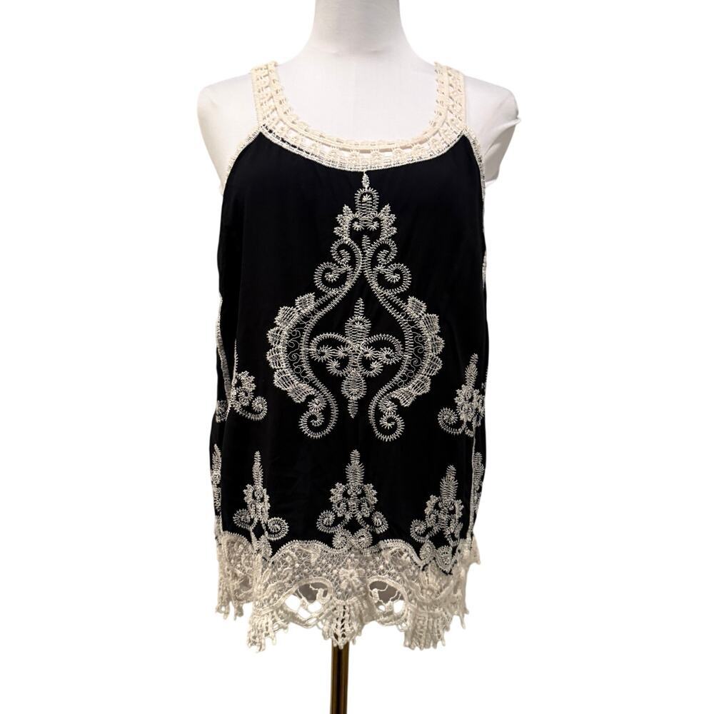 Embroidered Lace Tank Top Boho Crochet Hem Black White XL Coquette Romantic Chic